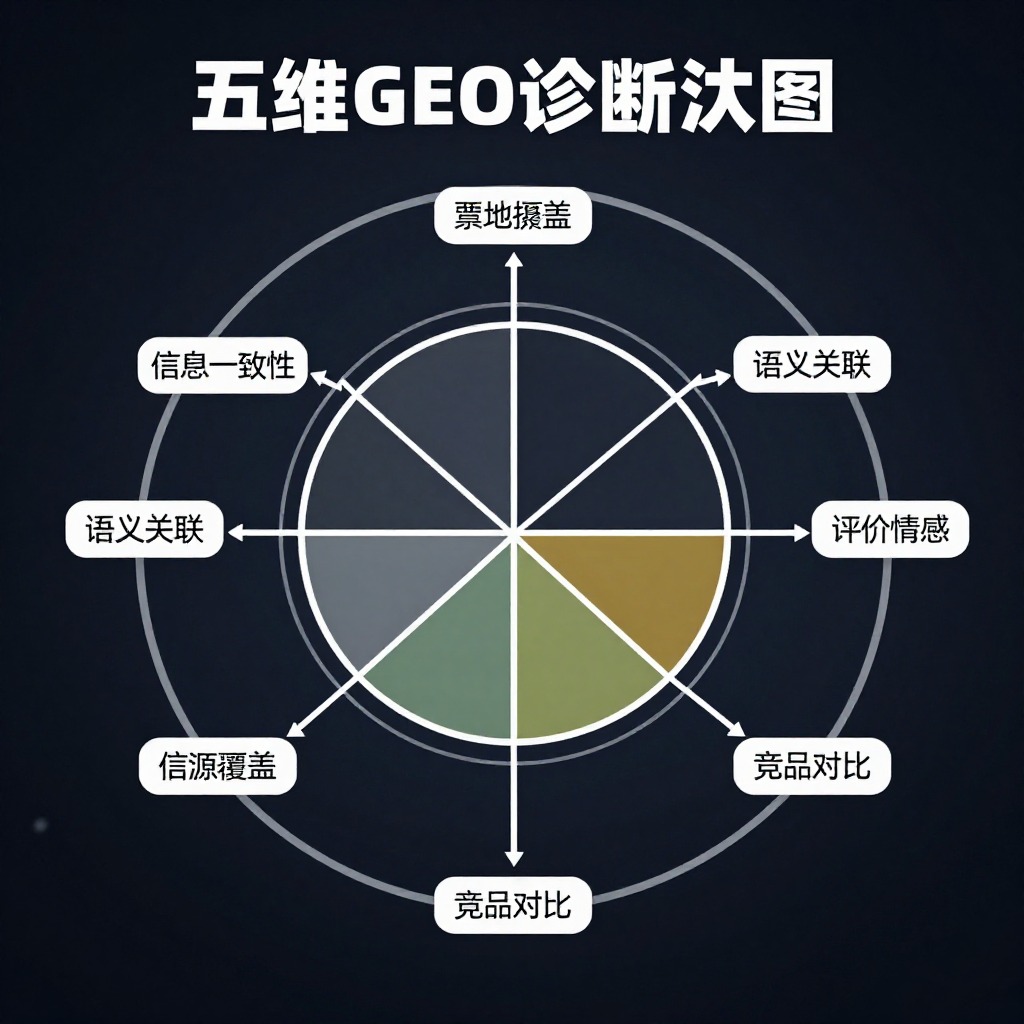 本地生活商家五维GEO诊断雷达图，展示信息一致性、语义关联、评价情感、信源覆盖、竞品对比五个维度