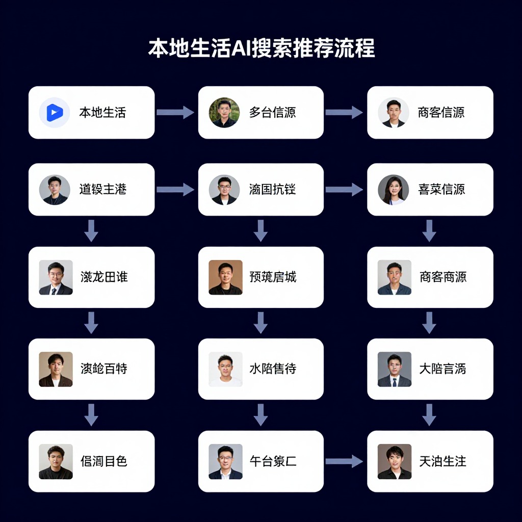 本地生活AI搜索推荐流程图，从用户提问到AI整合多平台信源给出3-5个商家推荐，信息图风格