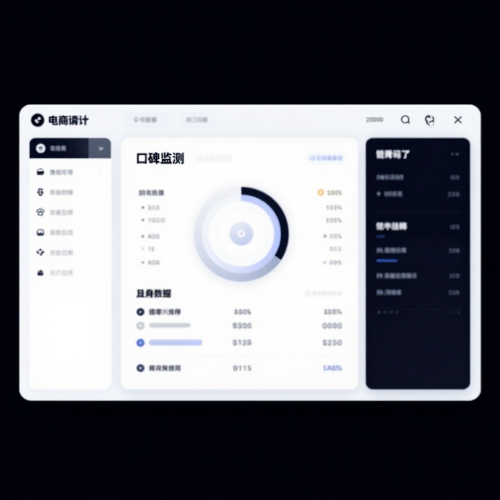 电商品牌AI口碑监测仪表盘界面，多平台数据聚合可视化，深色科技风UI设计