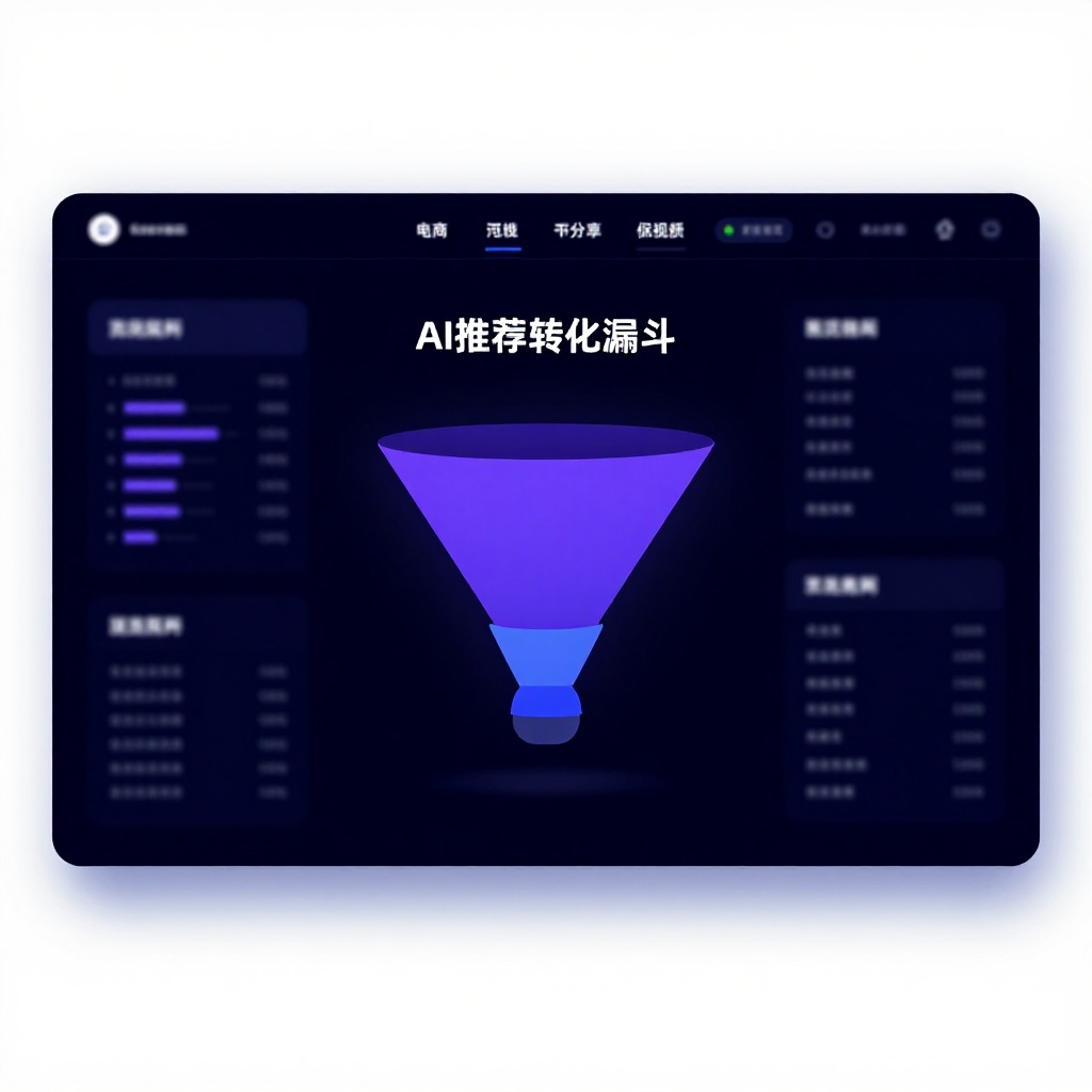 电商数据分析大屏展示AI推荐转化漏斗,蓝紫色调数据可视化,科技感UI风格
