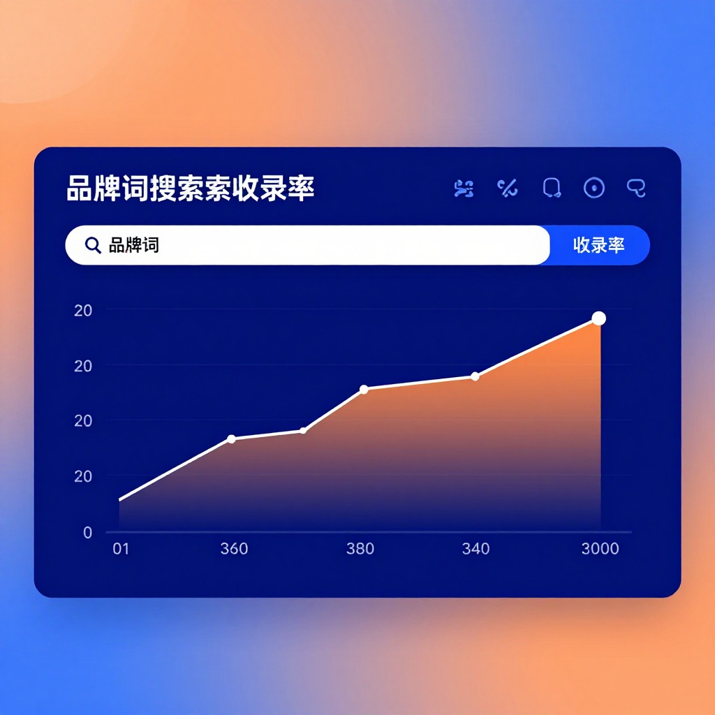 电商运营数据看板界面，品牌词搜索收录率曲线图，蓝橙渐变科技感UI设计