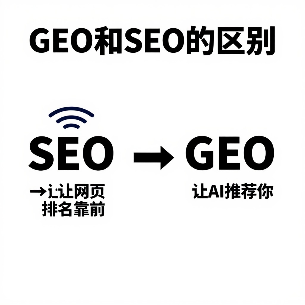 {{根据“GEO和SEO的区别”生成配图描述：左右对比图，左侧标注“SEO→让网页排名靠前”，右侧标注“GEO→让AI推荐你”，中间用箭头连接，简洁信息图风格}}