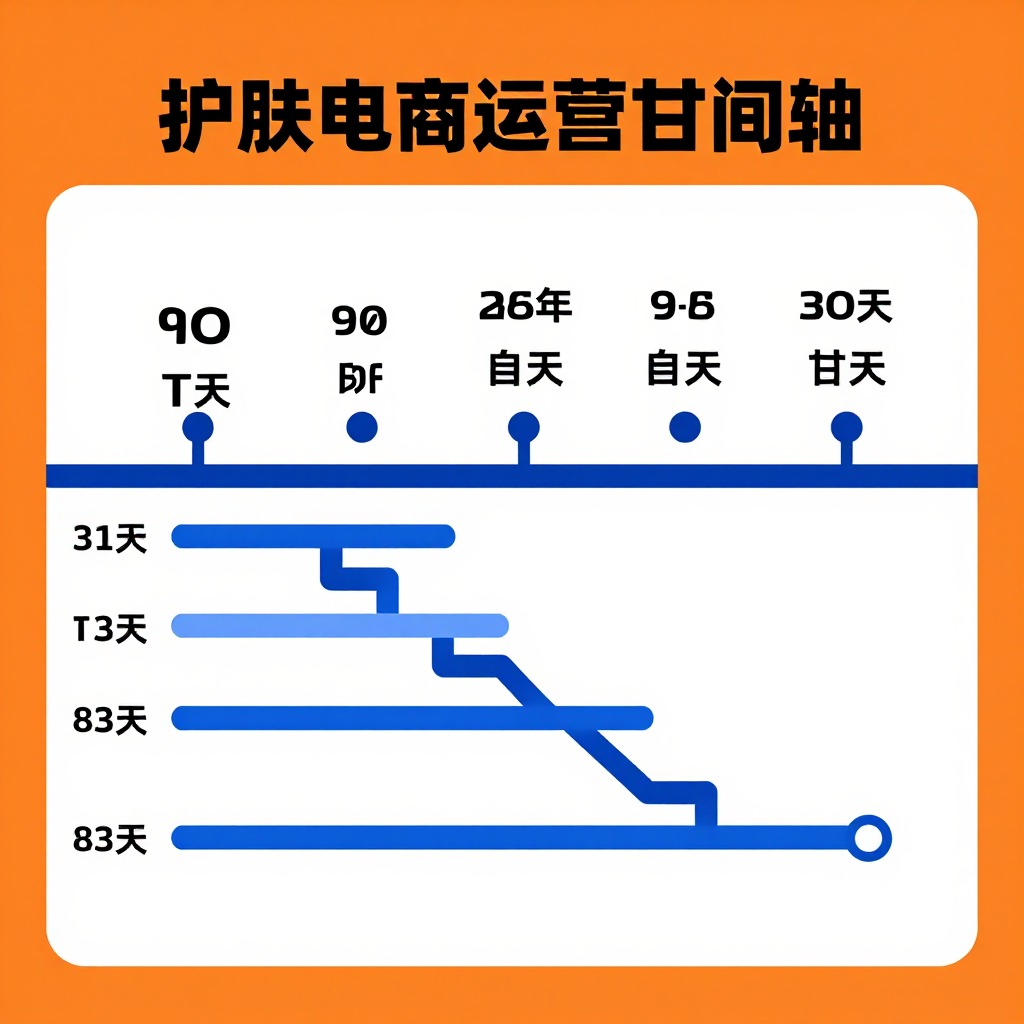 护肤品电商运营时间轴甘特图, 90天三阶段里程碑标注, 橙蓝对比信息图风格