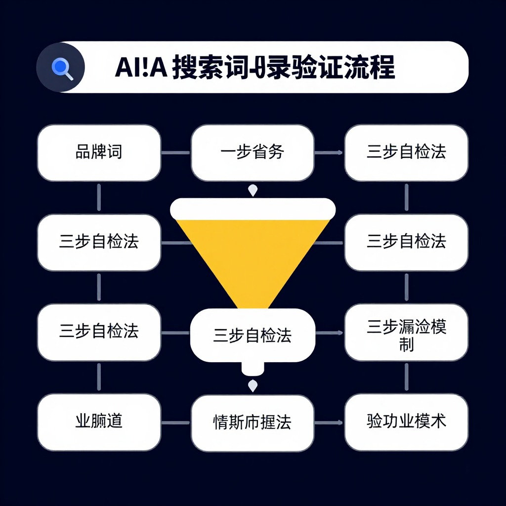 品牌词AI搜索收录验证流程图，三步自检法诊断漏斗模型，扁平化矢量设计风格