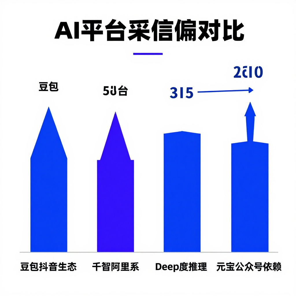 四大AI平台采信偏好对比柱状图，分别标注豆包抖音生态、千问阿里系、DeepSeek深度推理、元宝公众号依赖，简洁商业图表风格
