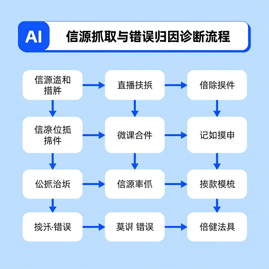 AI搜索信源抓取与错误归因诊断流程图，扁平化商务办公插图风格