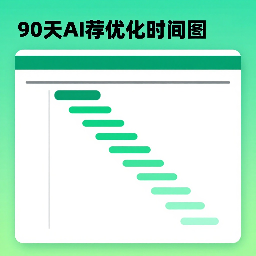 90天AI推荐优化时间线甘特图，绿色渐变商务风格，任务进度条，清晰的项目管理视觉呈现