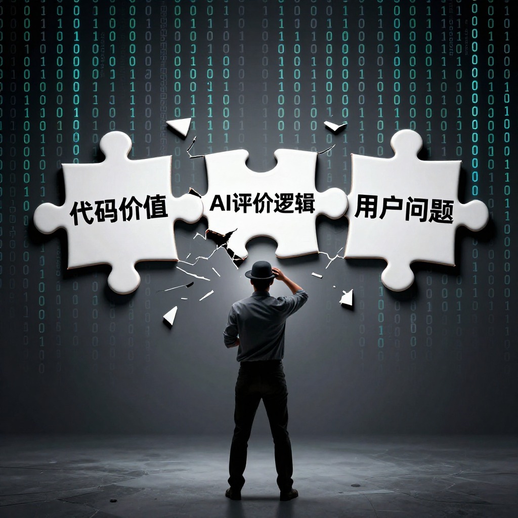 一位戴着思考帽的开发者站在破碎的拼图前，三块拼图分别写着“代码价值”、“AI评价逻辑”、“用户问题”，背景是错综复杂的二进制代码流，写实摄影风格，冷灰色调，充满挫败感。