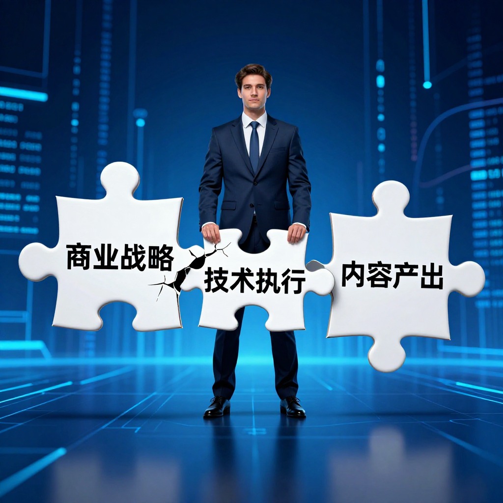 一位西装革履的客户成功经理站在三块碎裂的拼图中间，拼图分别写着“商业战略”、“技术执行”、“内容产出”，背景是充满科技感的AI数据流，写实摄影风格，冷蓝色调。