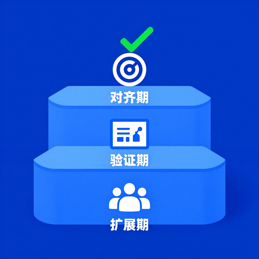 一张极简风格的蓝色阶梯信息图，分为三级台阶并排展示。第一级台阶标注“对齐期”并配有商业目标图标，第二级“验证期”配有数据仪表盘图标，第三级“扩展期”配有团队协作图标，每个图标上方都有一道绿色的对勾，代表痛点已被解决。