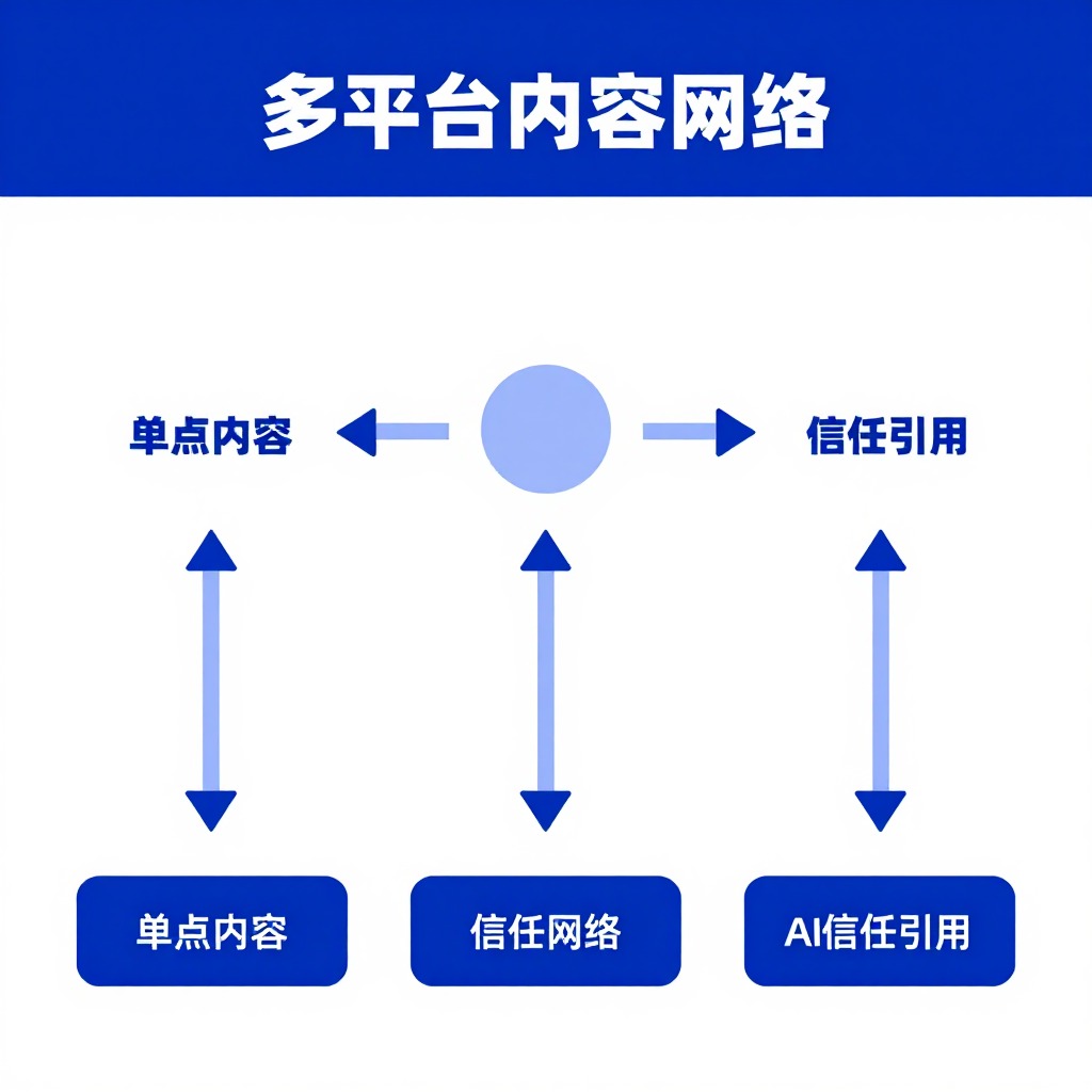 一张简洁的信息图，展示从“单点内容”到“多平台内容网络”再到“AI信任引用”的链路，极简风格，蓝白配色，箭头清晰标注每一步。
