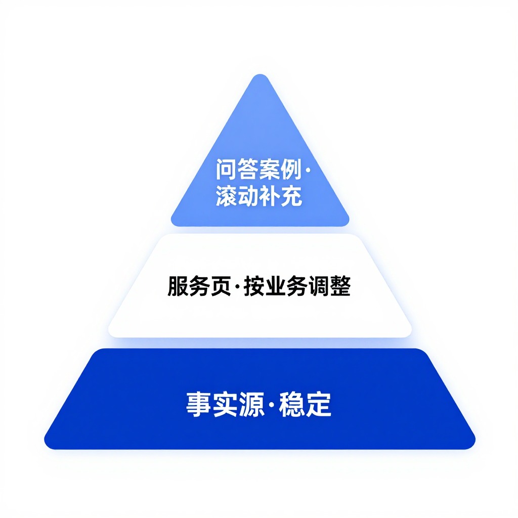 一张三层金字塔信息图，底层标注“事实源·稳定”，中层标注“服务页·按业务调整”，顶层标注“问答案例·滚动补充”，极简主义风格，企业级蓝白配色。